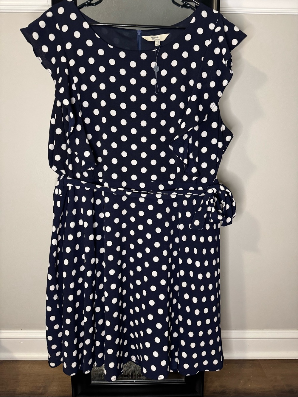 Umi Plus Size Navy and White Polka Dot Casual Dress with Waist Tie - Size 20